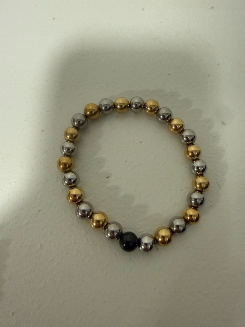 Two-Tone Gold & Silver Beaded Stretch Bracelet with Black Accent
